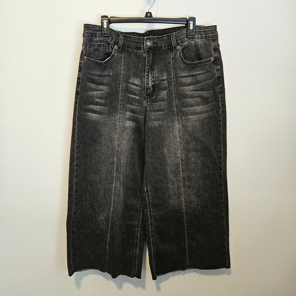 Wide Leg Raw Hem Jeans High Waist M Washed Black Streetwear Center Seam Baggy
